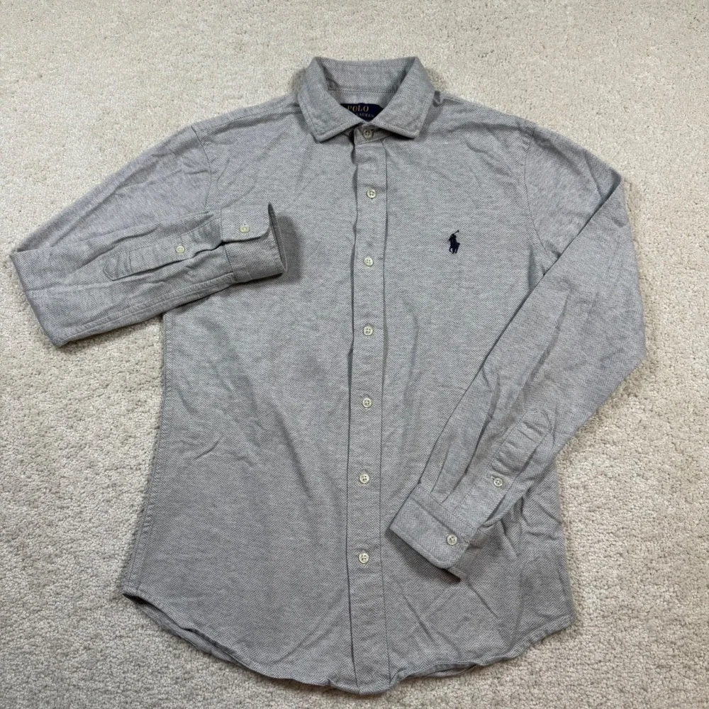 Polo Ralph Lauren Knit Dress Shirt Mens S Grey Herringbone Long Sleeve Cotton
